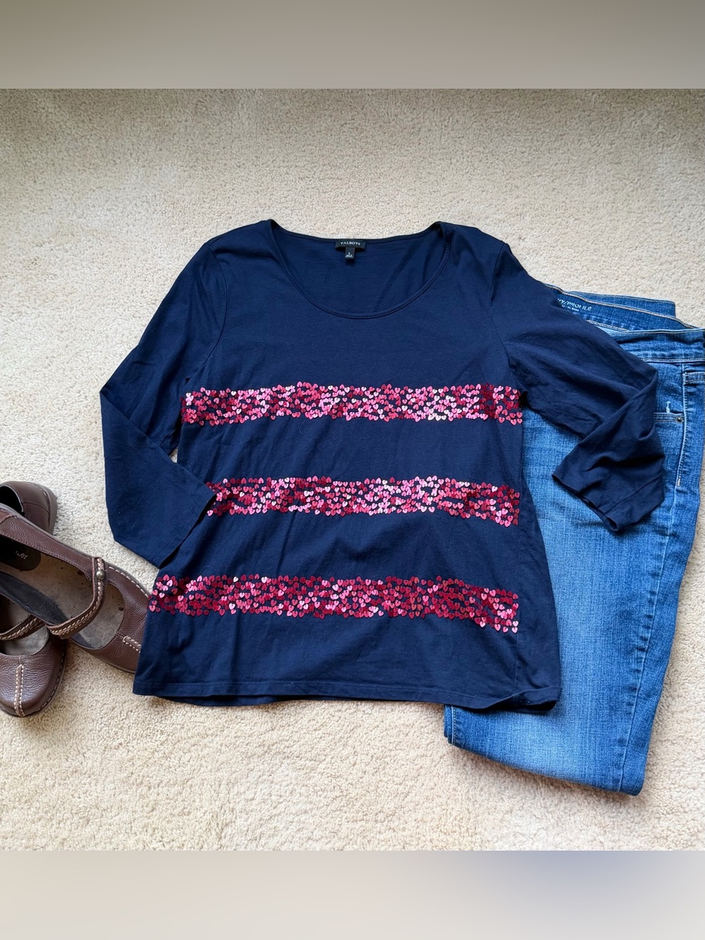 Talbots Navy Blue 3/4 Sleeve Tee Shirt w/ Red Heart Sequins - Size L - VGUC
